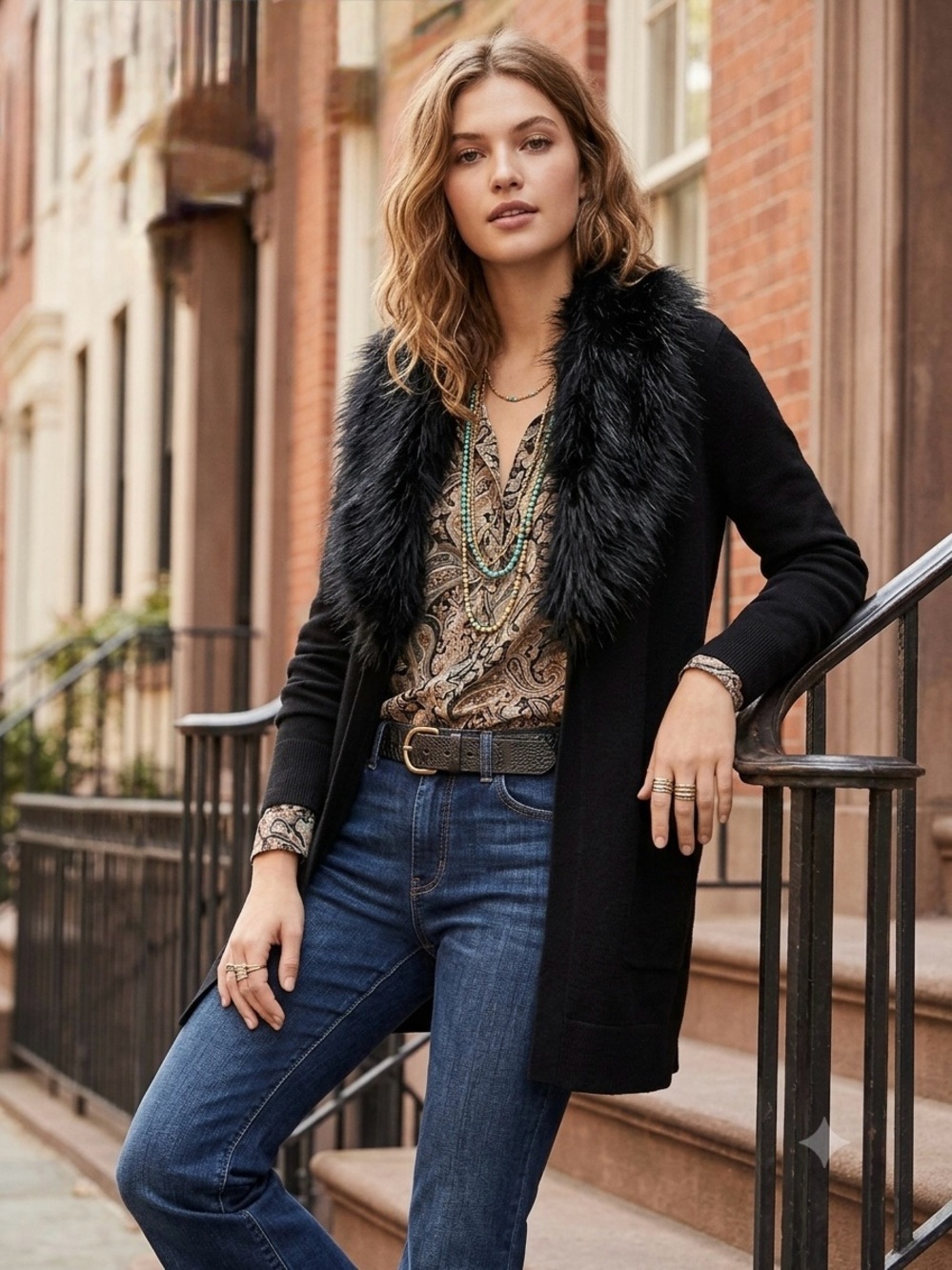 Ann Taylor Faux Fur Black Long Cardigan‎ Duster Medium Pennylane Fall